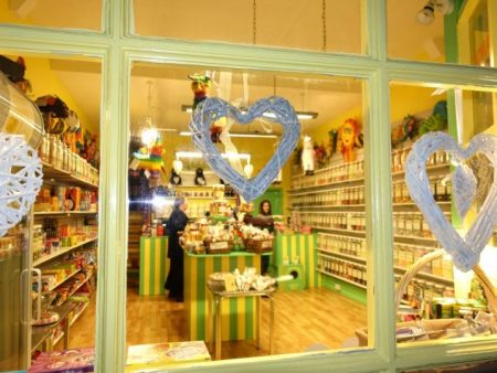 Photo taken from the outside of DaffyDownDilly sweet shop showing much of our sweet jars and American candy stock