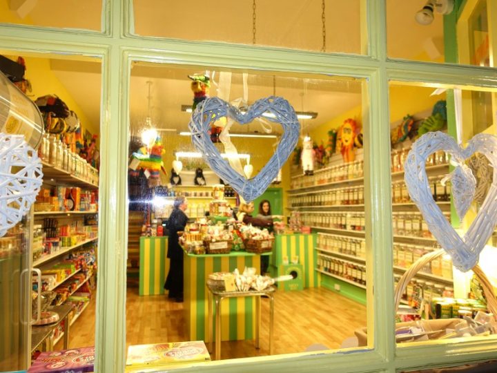 Photo taken from the outside of the sweet shop showing much of our sweet jars and American candy stock