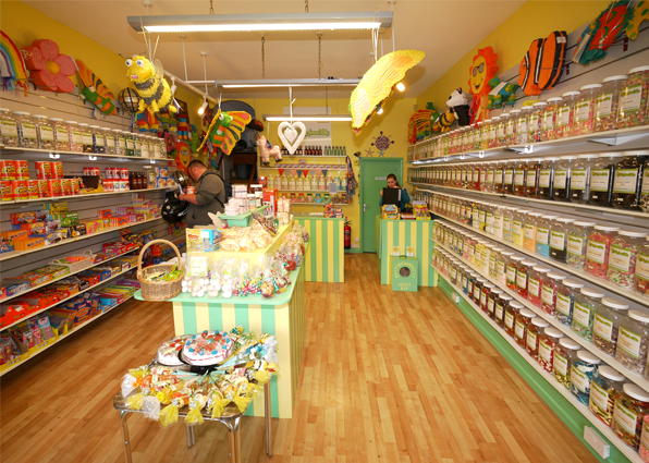 Internal photo of our sweet shop showing some of our 350 sweet jars and a selection of our American Candy