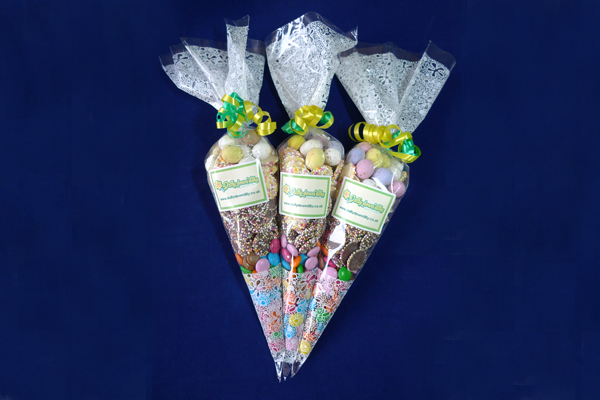 Chocolate Sweet Cone Bag - delicious mix of all sorts of chocolates, Snowies, Jazzies and chocolate eggs for starters fill these beautiful cone bags which are hand filled and hand tied with contrasting and attractive ribbons