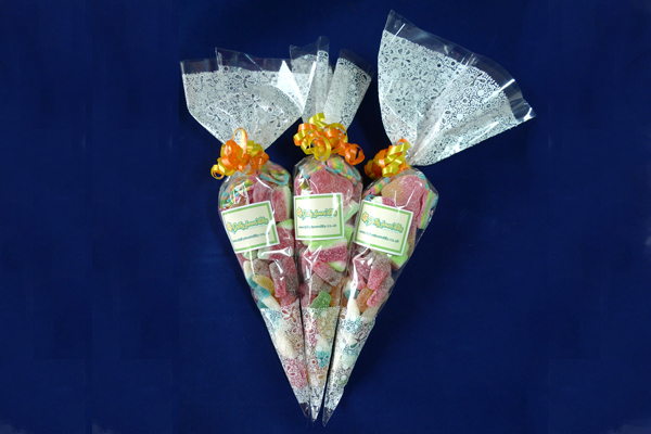 Fizzy Sweet Cone Bag - colourful party bags filled with nothing but fizzy sweets in a colourful and delicious mix, hand filled and hand tied with contrasting ribbons