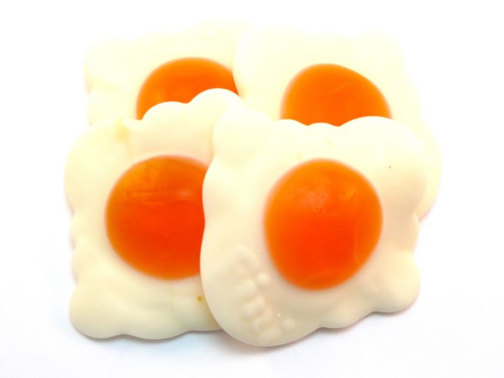 Giant Fried Egg jelly sweets with their large orange 'yolk' and white outer look exactly like a fried egg and, being large are very popular in a pick and mix!