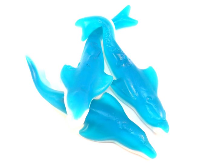 Giant dolphin jelly sweets are a popular traditional jelly sweet in a dolphin shape. They are large, as you would expect and an attractive blue and white colour with a lovely sweet flavour