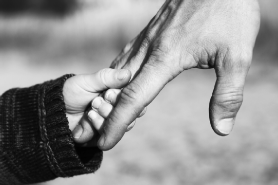 black and white image of a small child grasping a mans hand