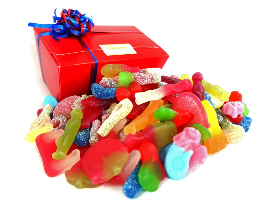 Fizzy sweet and jelly sweets in a gift box all suitable for vegans and vegetarians