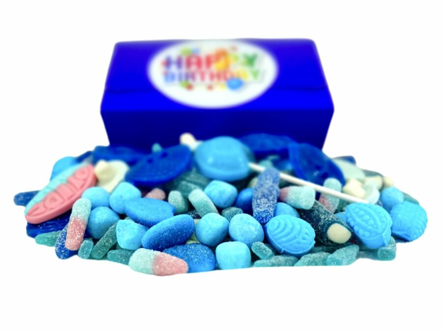 1 kilo of blue sweets in a gift box with happy Birthday sticker