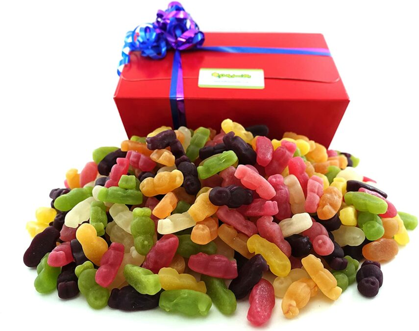 red gift box with Haribo jelly babies